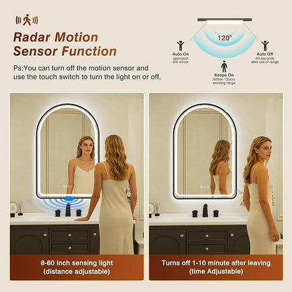 24x36 Inch Arched Black Framed LED Bathroom Mirror with Lights,Smart Bathroom Mirror,Motion Sensor,Tempered Glass,Anti-Fog,Stepless Dimmable & 3 Colors,Memory,Vanity Mirror for Wall