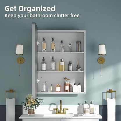 Medicine Cabinet 20 x 28 Inch, Silver Bathroom Medicine Cabinet with Mirror,Metal Beveled Mirror, Adjustable Shelves, Recessed or Wall Mount, Sturdy & Solid, Bathroom Mirror with Storage