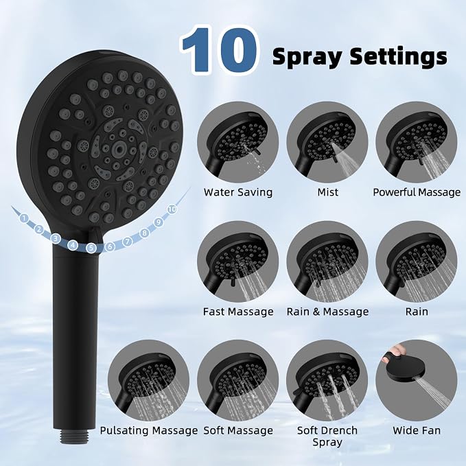 Metal Rain Shower Head with Handheld, 8" High-Pressure Showerhead,10-Mode | Black, Rainfall Shower Head with 5" Large Handheld Spray, Adjustable 16" Shower Extension Arm/71" Hose, Brass 3-Way Diverter