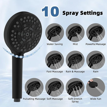 Metal Rain Shower Head with Handheld, 8" High-Pressure Showerhead,10-Mode | Black, Rainfall Shower Head with 5" Large Handheld Spray, Adjustable 16" Shower Extension Arm/71" Hose, Brass 3-Way Diverter