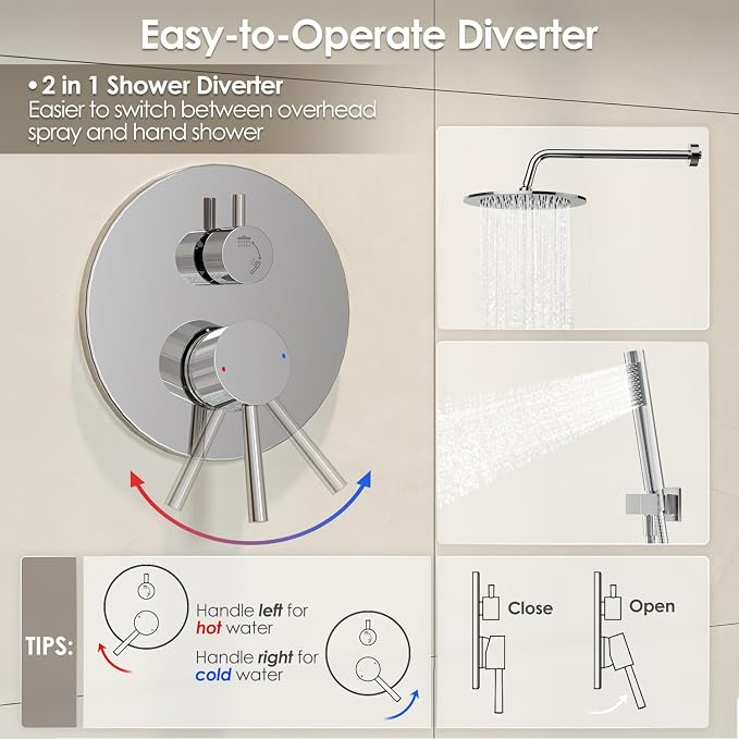 Gabrylly Shower System, 10" Wall Mounted Shower Faucet Set, Chrome | Rain Shower Head with Handheld Spray Combo, All Metal Rainfall Shower Head Complete Set Shower Mixer Valve for Bathroom