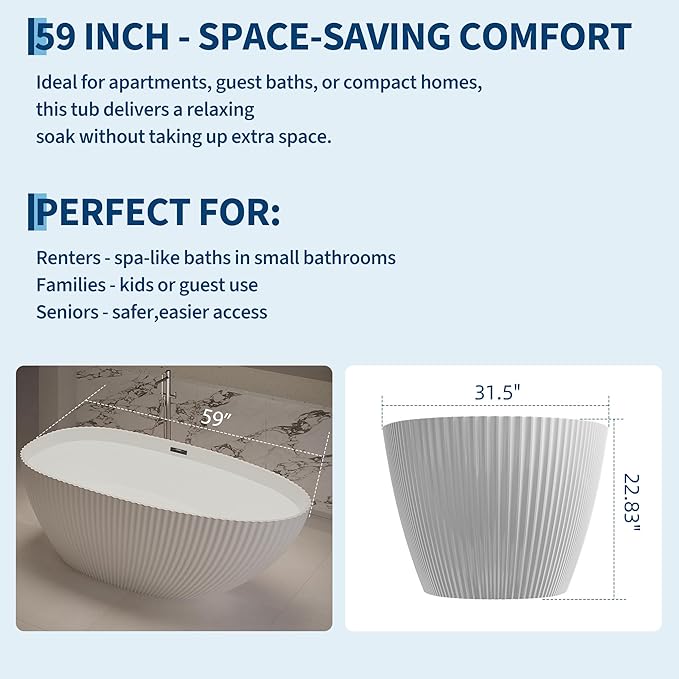 Freestanding Bathtub 59 Inch – Acrylic Free Standing Tub with Eggshell Design and Organic Lines, Chrome Overflow & Pop-Up Drain, Modern Soaking Tub for Bathroom