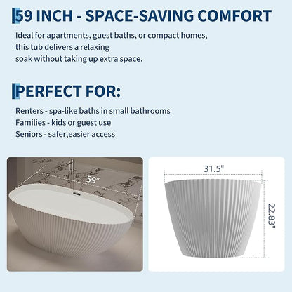 Freestanding Bathtub 59 Inch – Acrylic Free Standing Tub with Eggshell Design and Organic Lines, Chrome Overflow & Pop-Up Drain, Modern Soaking Tub for Bathroom