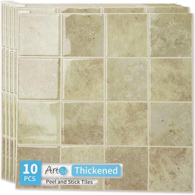 Art3d 10-Pack Heavy-Duty Peel and Stick Backsplash, 12x12 Inch Self-Adhesive Wall Tile Stick on Kitchen Countertop, Khaki