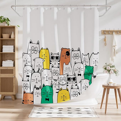 AmazerBath Shower Curtain, Washable Cute Kitty Carnival Cloth Shower Curtain Set with 12 Metal Hooks, Kawaii Waterproof Fabric Black and White Shower Curtain for Kids' Bathroom, 72x72 Inches