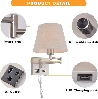 Bedside Wall Mount Light with Dimmable Switch and Outlet, Swing Arm Fabric Shade Wall Sconce Light with USB Port and Plug in Cord, Satin Nickel Wall Lamp for Bedroom, Living Room and Hotel