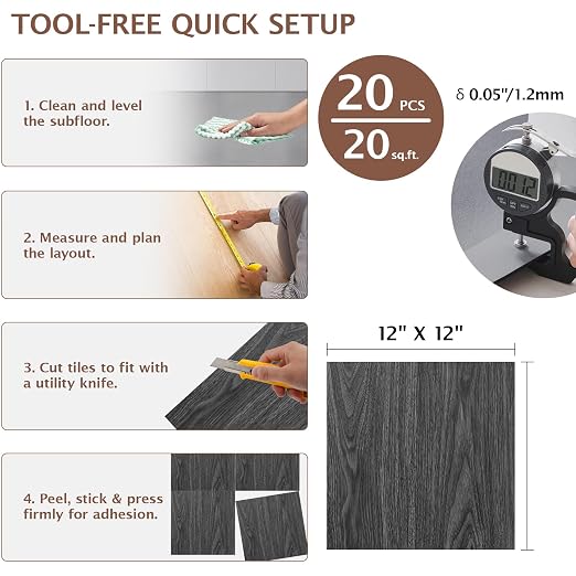 Peel and Stick Floor Tile, 20 Pcs 12" x 12" Waterproof Wood Grain Luxury Vinyl Plank Flooring, Easy DIY Self Adhesive Vinyl Floor for Bathroom, Kitchen, Living Room, Grey