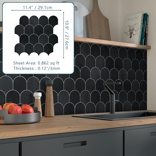 SUNWINGS 10-Sheet Fish Scale Peel and Stick Backsplash Tile, 11.4'' x 10.9" Stone Composite Scallop Handmade Looks Self-Adhesive Wall Tiles for Kitchen Bathroom, Black