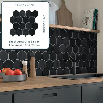 SUNWINGS 10-Sheet Fish Scale Peel and Stick Backsplash Tile, 11.4'' x 10.9" Stone Composite Scallop Handmade Looks Self-Adhesive Wall Tiles for Kitchen Bathroom, Black