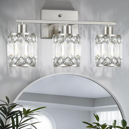 Crystal Modern Bathroom Light Fixtures, 3-Light Brushed Nickel Bathroom Vanity Wall Light, Vanity Lights for Mirror, Restroom, Bedroom (E26 Socket, Bulbs Not Included)