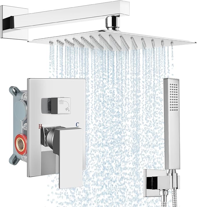 Midanya Shower Faucet Set,Wall Mount Shower System with Square Rain Shower Head and Hand Sprayer, Rough-in Valve Body and Trim Kit Included,10 Inch,Polish Chrome