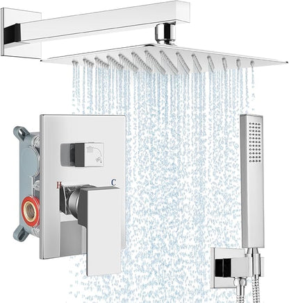 Midanya Shower Faucet Set,Wall Mount Shower System with Square Rain Shower Head and Hand Sprayer, Rough-in Valve Body and Trim Kit Included,10 Inch,Polish Chrome
