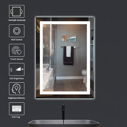 24"X32" LED Bathroom Mirror with Lights, Front Lit and Backlight | Stepless Dimmable, Anti-Fog, Shatter-Proof, HD Reflection, Memory, 3 Colors Lighting, UL Listed (Horizontal/Vertical).