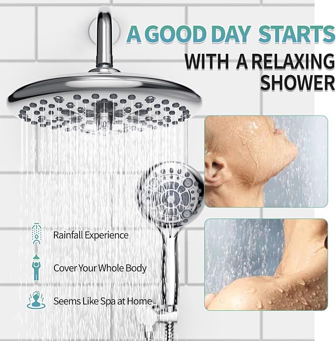 SR SUN RISE Shower Faucet - 10 Inch Multifunctional High Pressure Shower Head System with Handheld Shower Head Fixtures - Valve Included - Polished Chrome