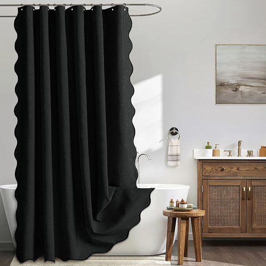 MIULEE Black Scalloped Linen Shower Curtain 72x78 Inches | Linen Textured, Waterproof, Washable, 12 Metal Hooks, Heavy Duty Cloth, Black Border, Shower Curtain for Bathroom Bathtub