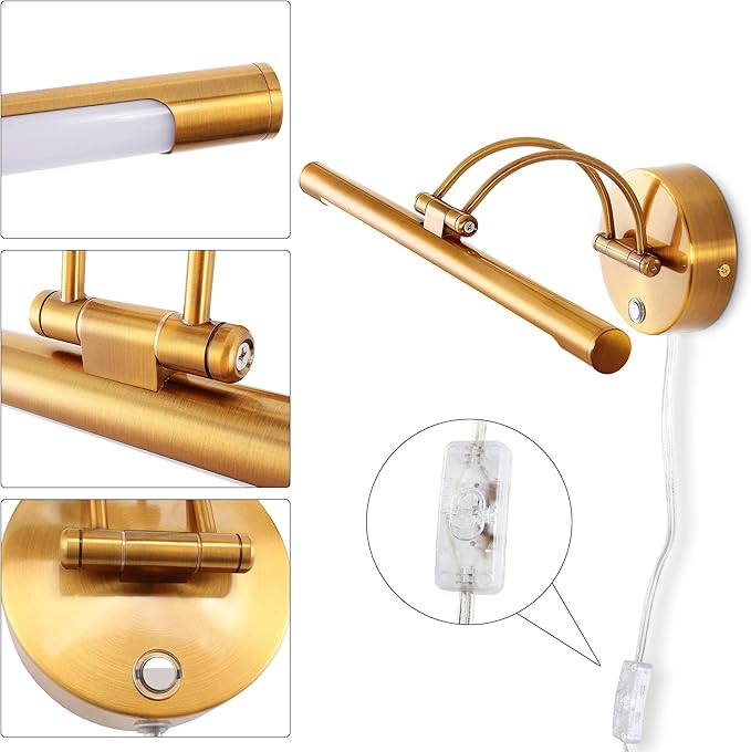 MantoLite LED Bathroom Vanity Light Fixture Dimmable 8W 16inch Gold Pulg in Display Lamps Picture Wall Lights, Indoor Lightings Wall Sconce Ajustable Bedside Reading Lamp, Brass 3000K/4500K/6000K
