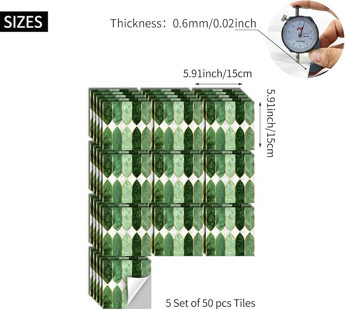 funlife Holographic Emerald Art Deco Peel and Stick Backsplash Self-Adhesive PVC Wall Tiles Easy DIY with Tools for Kitchen Bathroom and Laundry Room 5.9"x5.9"x50-Sheet Pointed Arch Marble