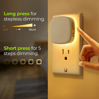 AUVON Plug-in LED Backlit Night Light 4 Packs, Motion & Dusk to Dawn Sensor | 2200K Soft Warm White Nightlight with 1-50lm Dimmable Brightness for Bedroom, Bathroom, Hallway, Kitchen, Garage, Nursery