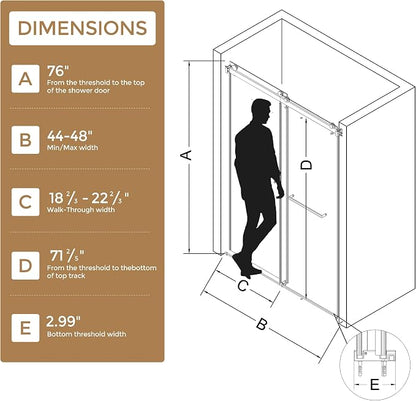 Frameless Stainless Steel Sliding Shower Door, 44-48" W x 76" H - 5/16" (8mm) Thick Tempered Glass Rust-Proof Glass Shower Door with Dual Tracks in Brushed Nickel