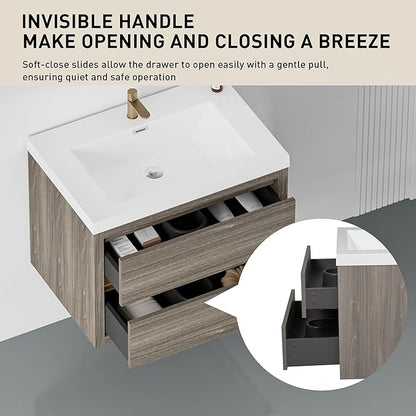 Abruzzo 30" Ash Grey Wall-Mounted Bathroom Vanity with Sink Stone Resin Countertop & Soft-Close Drawers, Waterproof Wood Cabinet for Small Bathrooms