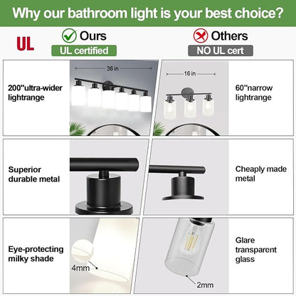 Zarbitta 6-Light Bathroom Light Fixtures, Black Modern Vanity Lights with Milky White Frosted Glass Shades, Bathroom Wall Lamp, for Mirror, Living Room, Kitchen, Hallway, Cabinet, Porch