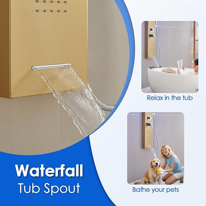 ROVOGO Gold Shower Panel Tower System with Led Lights, Rainfall Waterfall Shower Head, Body Massage Jets, Handheld and Tub Spout, Stainless Steel Shower Column with Mixer Valve, 46.5"