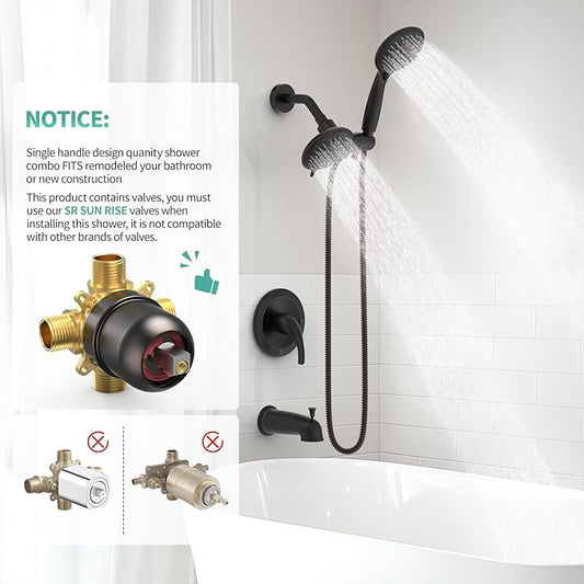 SR SUN RISE 35-Spray Shower Faucet 3-Way Combo Shower Head and Hand Held Shower Separately or Together, Single-Handle Tub and Shower Trim Kit, Oil Rubbed Bronze (Valve Include）
