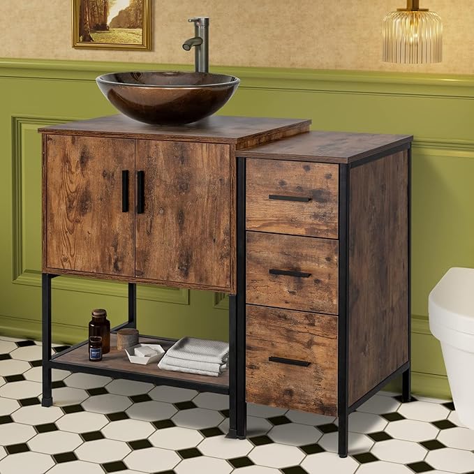 UEV 36" Antique Bathroom Vanity, Dark Brown Bathroom Vanity Set with Sink and 3 Drawers Side Cabinet Combo, Iron Wood Bathroom Cabinet with Adjustable Water Temperature Faucet (A09-NEW)