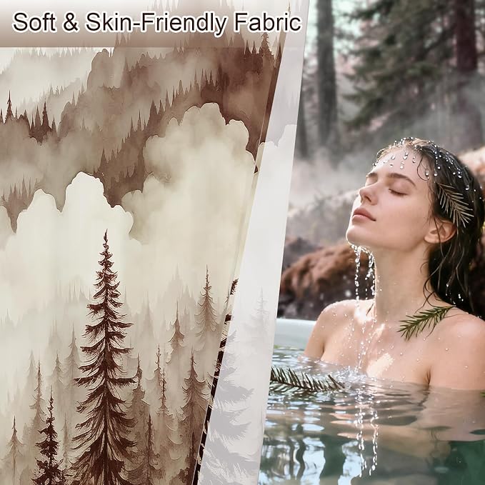 Litabel Brown Extra Long Misty Pine Forest Shower Curtain 72 x 84, XL Tan Mountain Foggy Woodland Scenery Tree Shower Curtains for Bathroom, Abstract Waterproof Nature-Themed Decor