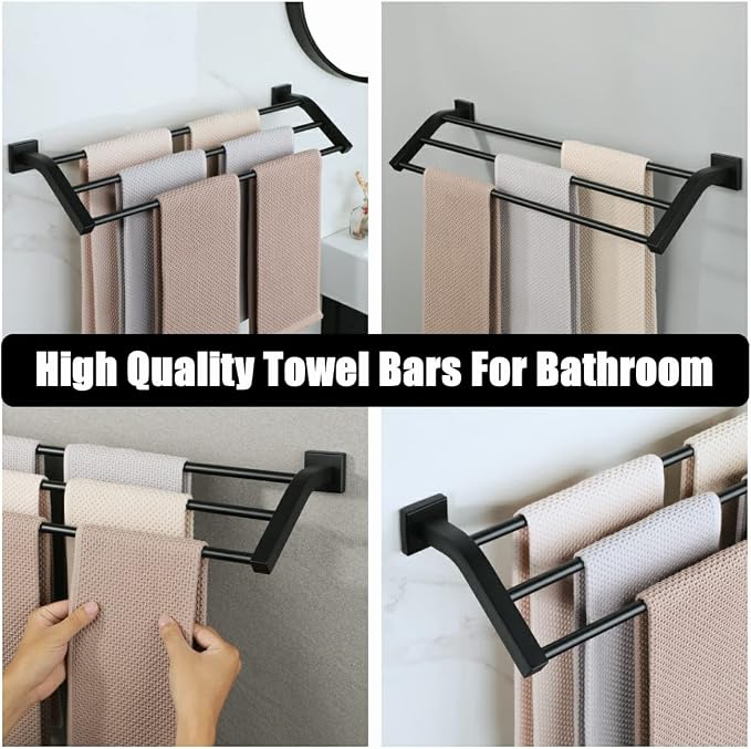 Alise GK9009 SUS304 Stainless Steel Bathroom Double Towel Bar Towel Rack Hanger (Matte Black, 24-Inch(3-Bars))