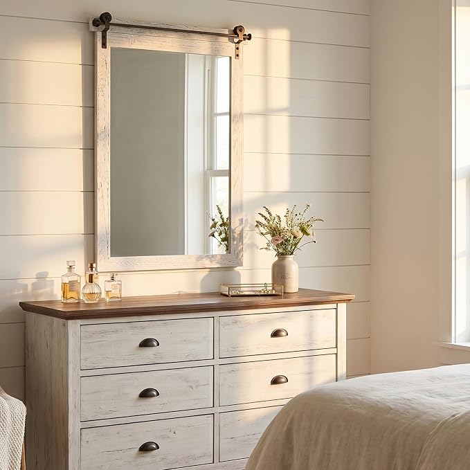 24"x36" Whitewashed Barn Door Vanity Mirror with Wood Header | 100% solid wood, HD tempered glass, bronze-tone iron rail; coastal farmhouse mirror for over sink, guest bath, entryway