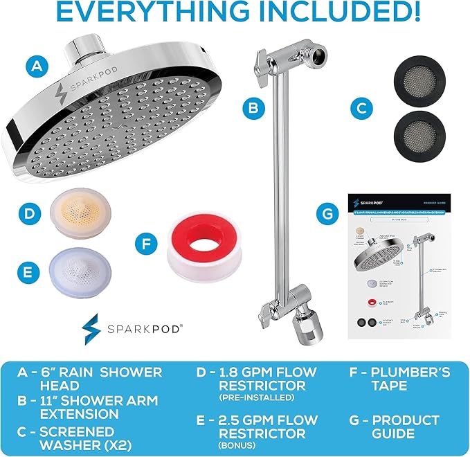 SparkPod 6" Round Rain Shower Head with 11" Shower Arm | Shower Head & Extension Arm Combo, Height Adjustable, High Pressure Performance, Easy 1-Minute Installation, Polished Chrome