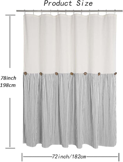DOSLY IDÉES Farmhouse Shower Curtain, Beige and Black Striped, Button Curtain, Spa Waffle and Cotton Woven Fabric, Rustic Charm Country Chic Style, 72x78 in