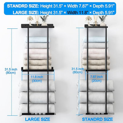 Liuoud Towel Rack for Bathroom, Wall Mounted Vertical Rolled Towel Storage Organizer Holder with Shelf, Holds Up 6 Large Bath Sheets, White Large Size
