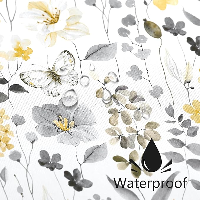 Long Shower Curtain 72 x 78 Inch, Tall Yellow Grey Floral Shower Curtain for Bathroom, Watercolor Flower Butterfly Fabric Shower Curtain Set with Hooks