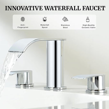 Ultimate Unicorn 8 inch Bathroom Faucet Chrome, Waterfall Bathroom Faucet with Metal Pop-up Sink Drain Stopper and 2 Supply Hoses,2 Handle Widespread Faucets for Vanity Sink 3 Holes