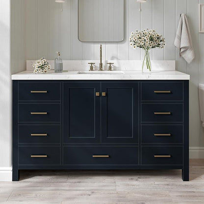 ARIEL Cambridge 60-inch Bathroom Vanity with Sink,Solid Wood, 1.5-inch Carrara White Quartz Countertop, Single Rectangular Porcelain Sink, 2 Soft Closing Doors, 9 Dovetail Drawers, Midnight Blue