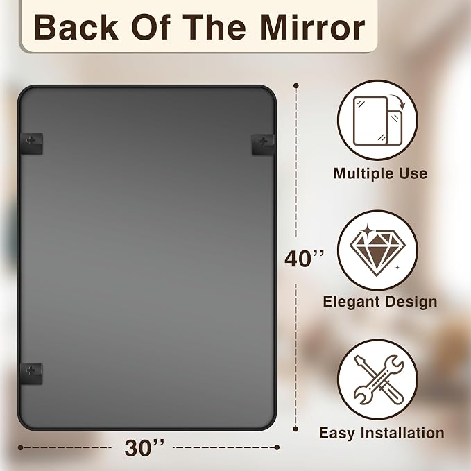Vanity Bathroom Mirror, 40”x30” Black Bathroom Mirror for Over Sink | HD Tempered Glass, Anti-Rust Frame, Vertical or Horizontal, Wall Mirrors for Bathroom Sink, Living Room, Entryway, Bedroom