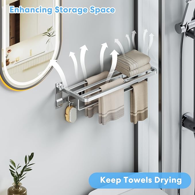 90°Foldable Towel Rack for Bathroom, 23 Inch Wall Mounted Towel Holder with Shelf & 5 Hooks, Rustproof Space Aluminum Towel Bar, Hotel, Kitchen, Laundry, Silver