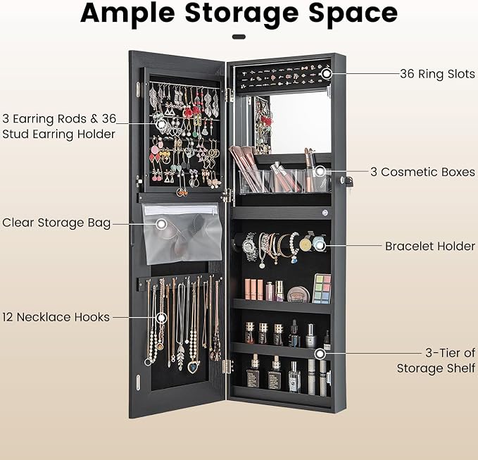 CHARMAID LED Mirror Jewelry Cabinet, Lockable Jewelry Armoire with Adjustable Lighted Full Length Mirror, 3 Lighting Sets, Wall Mounted Door Hanging Jewelry Storage Organizer (Black, 42.5''H)