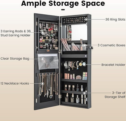 CHARMAID LED Mirror Jewelry Cabinet, Lockable Jewelry Armoire with Adjustable Lighted Full Length Mirror, 3 Lighting Sets, Wall Mounted Door Hanging Jewelry Storage Organizer (Black, 42.5''H)