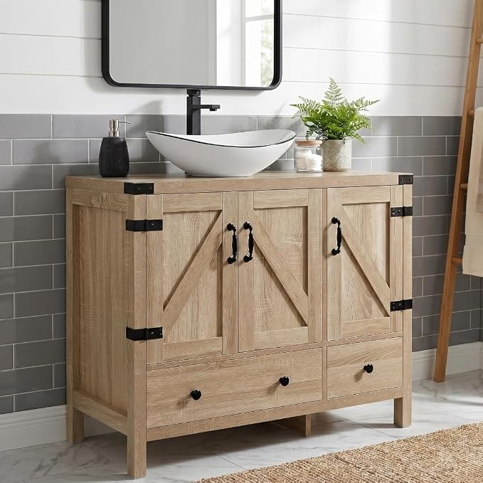 36" Natural Color Bathroom Vanity, Rustic Fixture Standing Pedestal Cabinet with White Ceramic Boat Sink with Black Trim
