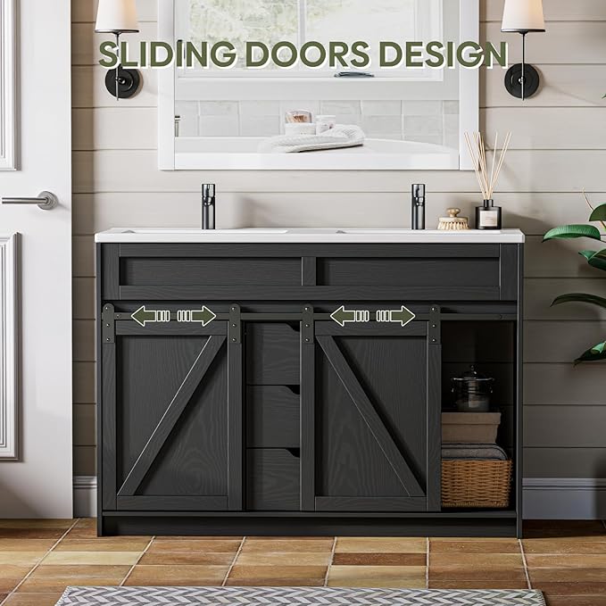 48 Inch Bathroom Vanity with Double Sink Combo, Farmhouse Bathroom Cabinet Set with Sliding Barn Door & 3 Drawers, Freestanding Bath Vanities, Black