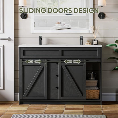 48 Inch Bathroom Vanity with Double Sink Combo, Farmhouse Bathroom Cabinet Set with Sliding Barn Door & 3 Drawers, Freestanding Bath Vanities, Black