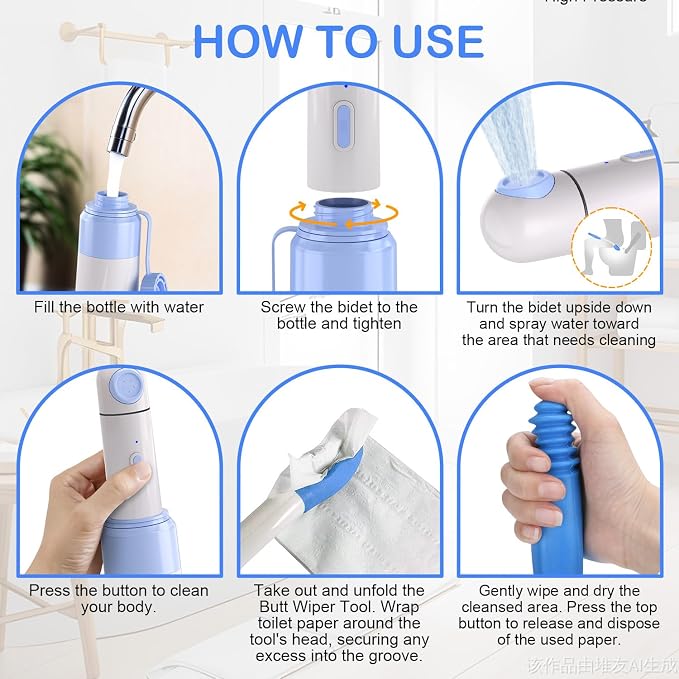 Portable Bidet Toilet Aids Wiper Tool Set for Travel 350ML Bottle | 450mAh Battery | IPX7 Waterproof |Compact & High-Powered with 2 Pressure Modes for Wiping and Personal Hygiene (Blue)