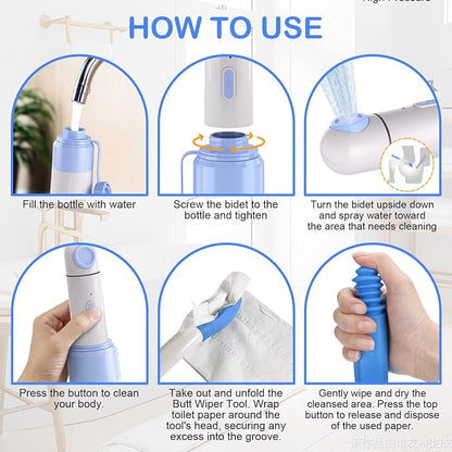 Portable Bidet Toilet Aids Wiper Tool Set for Travel 350ML Bottle | 450mAh Battery | IPX7 Waterproof |Compact & High-Powered with 2 Pressure Modes for Wiping and Personal Hygiene (Blue)