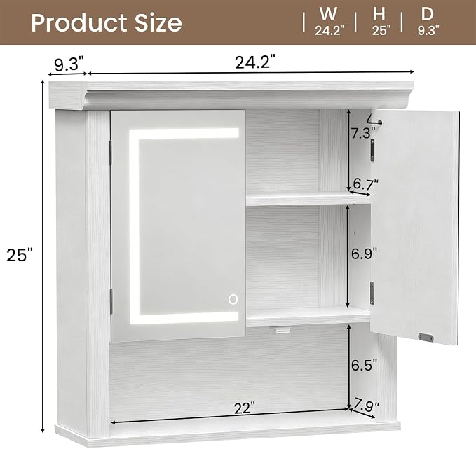 Bathroom Medicine Cabinet with Mirror and Lights, Wall Mount Bathroom Mirror with Storage, 3 Color Temps, Led Medicine Cabinet Mirror for Bathroom with 2 Doors, 9.3" Dx24.2 Wx25 H(White)