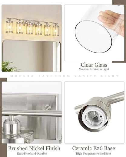 6-Light Brushed Nickel Bathroom Light Fixtures Over Mirror with Clear Glass and Metal Cage Shade, 42" UL-Listed Modern Farmhouse Wall Sconce for Bath, Hardwire E26, OS-3014BN-6W