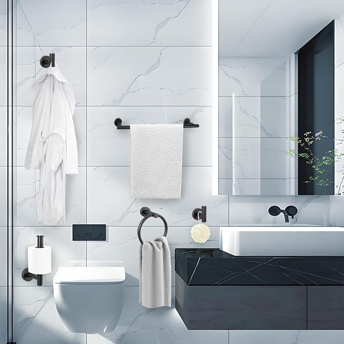 5 Piece Modern Style Wall Mounted Bathroom Hardware Set | #304 Stainless Steel, 24" Towel Bar Mount, Towel Rings, L Shape Toilet Paper Holder, Bathrobe Hook (Matt Black)