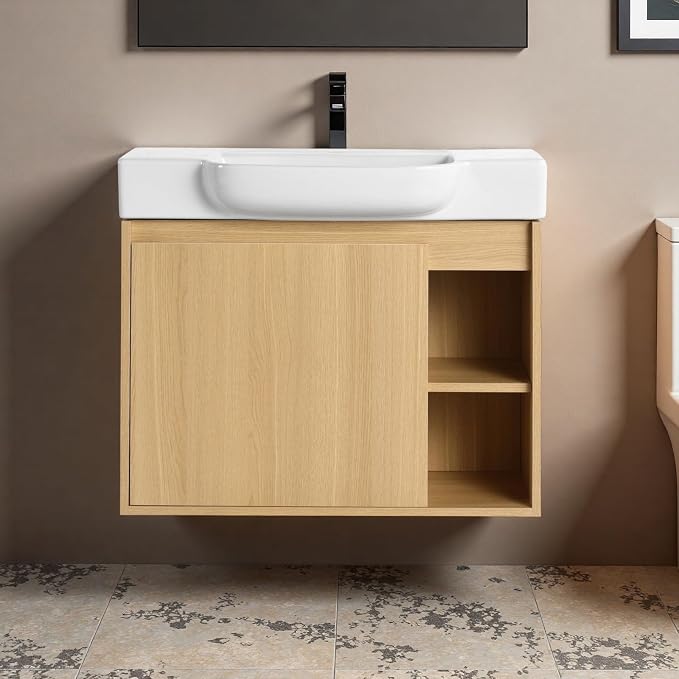 28" Bathroom Vanity with Ceramic Sink, Farmhouse Cabinet, Light Oak | Ceramic Sink, Soft-Close Door, Interior Compartment and 2-Tier Open Side Shelves, 45° Inclined Edge Handle
